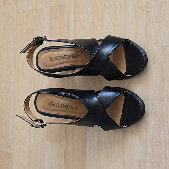 Women Black Leather Peep Toe Block Heels Pumps Size 6 - Picture 5 of 11